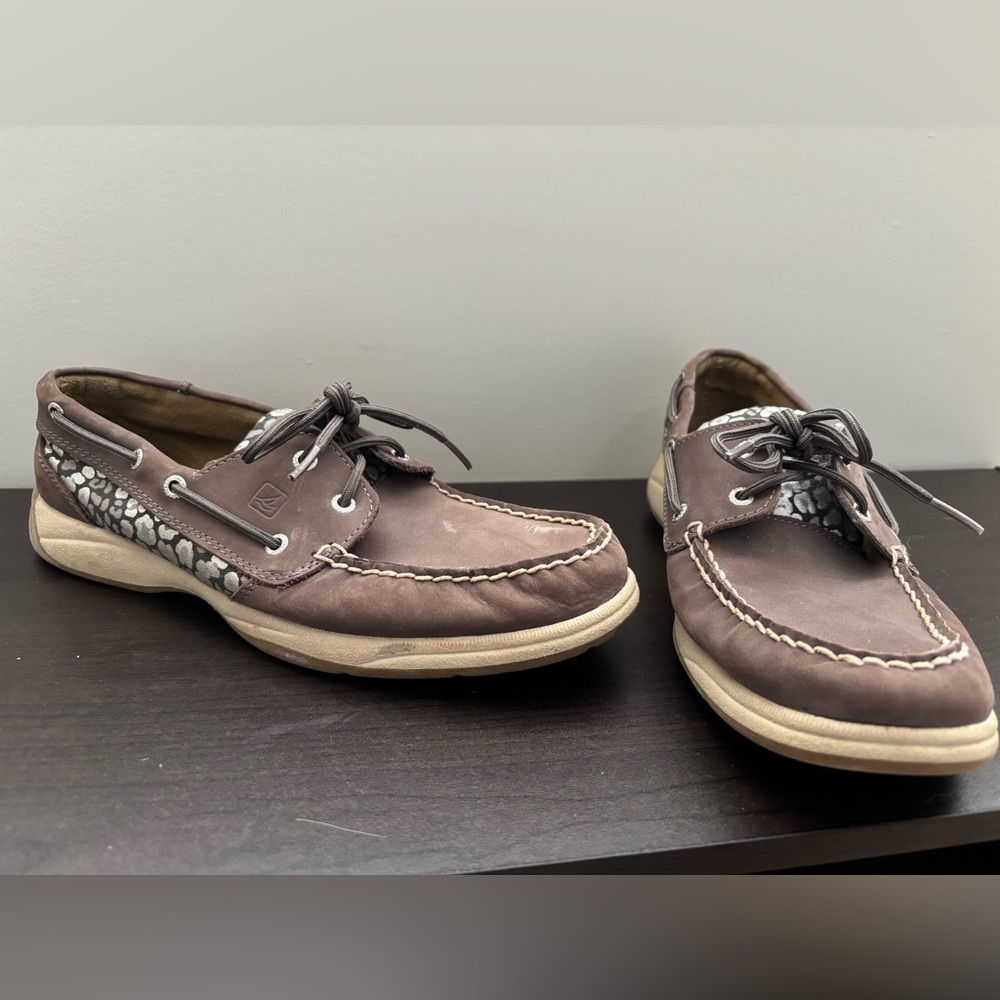 Sperry womens Taupe and Gray cheetah print Boat Shoes